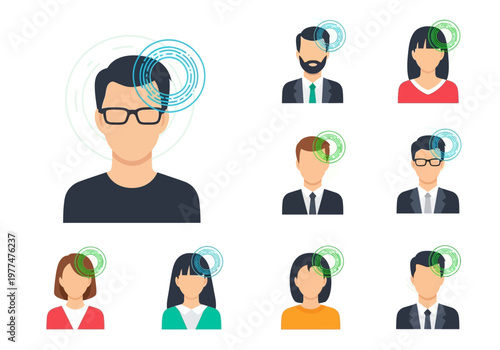 Multiple user avatars showing facial scanning or wireless signals above their heads