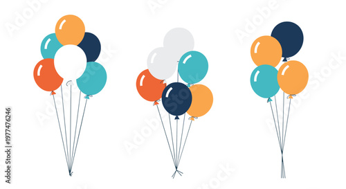 Three bunches of festive balloons in orange blue and white colors with strings for birthday parties celebrations and special events.