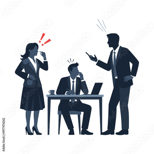 Business conflict: colleagues arguing near stressed manager at desk, office dispute illustration