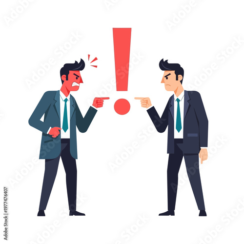 Businessmen arguing, pointing fingers, conflict, disagreement, stress, exclamation mark