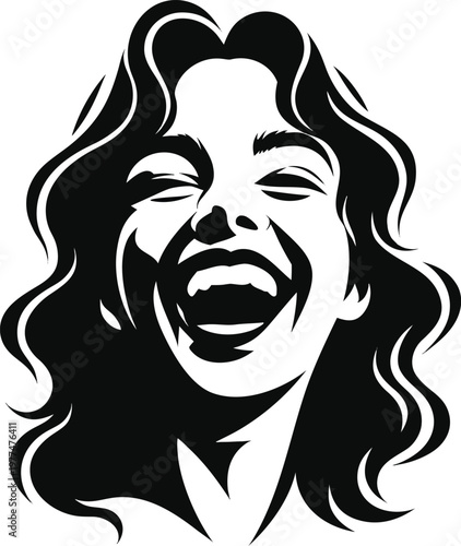 Authentic candid woman portrait silhouette laughing naturally minimalist clean vector isolated transparent background modern lifestyle emotional expression design