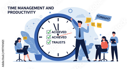 Efficient time management and productivity concept with team working around large clock to meet deadlines and achieve corporate goals.