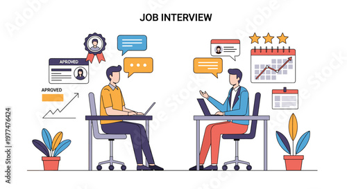 Professional job interview concept with candidate and recruiter discussing career opportunities with resume and scheduling icons.