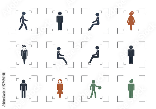 Twelve pictograms of people in various poses within corner bracket framing devices