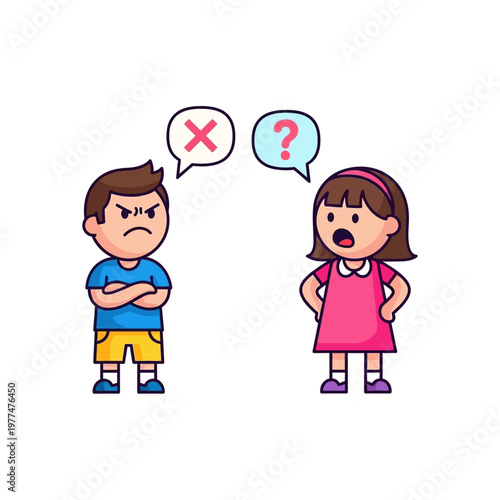 Children Arguing and Disagreeing, Boy Angry, Girl Confused, Conflict Illustration