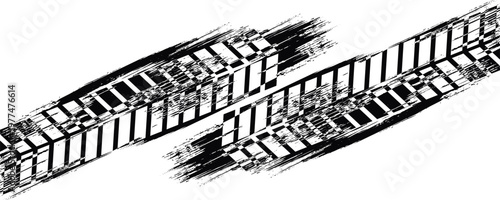 Tire tread marks, wheel textures, tire marks - car racing, motocross, drift, rally, off-road and others. Vector black isolated texture in grunge style with splashes.eps10