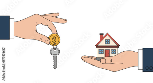 Real estate property transaction showing hand passing house key and coin to another hand for mortgage loan or home buying and selling.