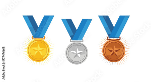 Set of three victory medals in gold silver and bronze with blue ribbons for sports competitions awards and championship achievements.