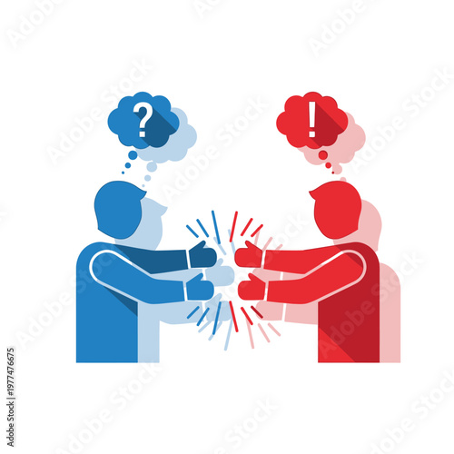 Conflict and Resolution: Two stylized figures, blue and red, in opposing thought bubbles with question and exclamation marks.