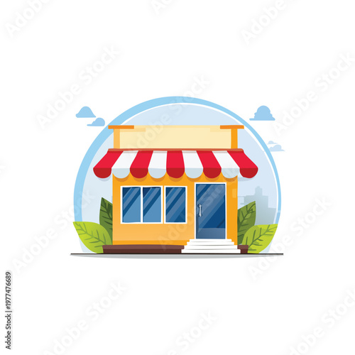 Illustrated store front logo with striped awning
