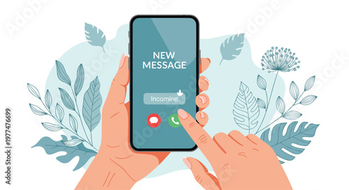 Human hands hold a modern smartphone displaying a new message notification and an incoming call screen against a soft floral background.