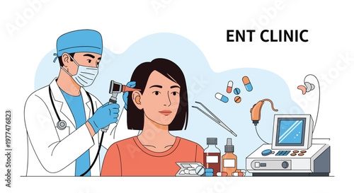 Professional otolaryngologist in a medical mask and cap examines a female patient's ear with an otoscope at an ent clinic with medical tools.