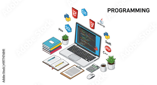 Software development and programming isometric illustration shows a laptop with code and floating icons of different computer languages.