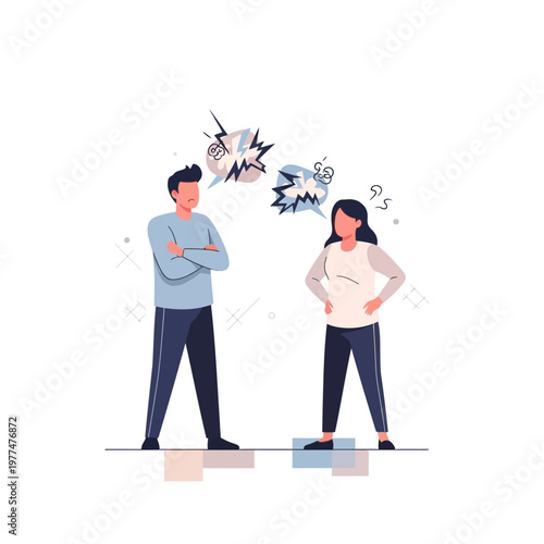 Couple arguing, disagreement, conflict, communication breakdown, relationship problems, illustration