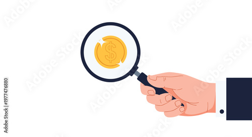 Person in a business suit uses a magnifying glass to closely examine a large golden dollar coin representing financial analysis and investment.