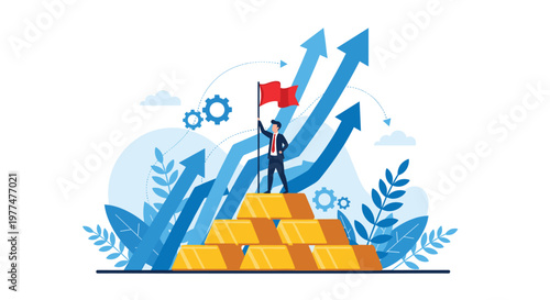 Successful businessman stands atop a pyramid of gold bars holding a red flag while surrounded by blue growth arrows and mechanical gears.
