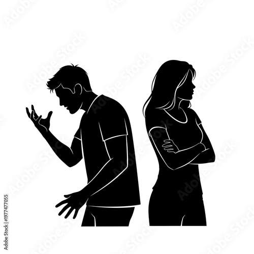 Couple arguing, silhouette of angry man and woman back to back, relationship conflict