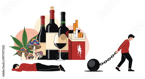 Graphic illustration depicts various harmful addictions including alcohol, drugs, and cigarettes with a person dragging a heavy ball and chain.