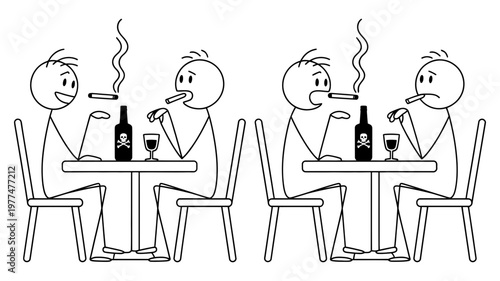 Two stick figures sit at a table, one happy and one sad, both smoking cigarettes and drinking from bottles with skull and crossbones labels.