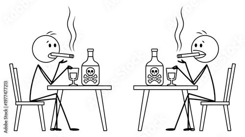 Two stick figures sit at tables, smoking and drinking from bottles marked with skull symbols.