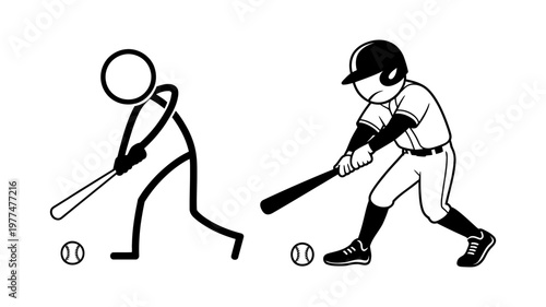 A stick figure and a baseball player are shown in their batting stances, ready to hit a baseball with their respective bats.