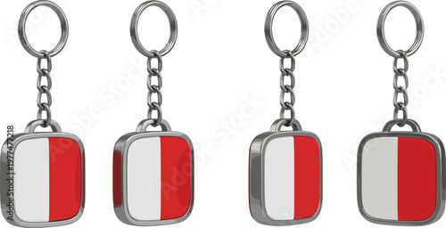 Square Metal Keychain Tags with Red and White Design for Branding, Souvenir and Accessory Illustration