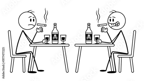 Two stick figures sit at a table, both appearing unhappy while smoking cigarettes and drinking from bottles labeled with poison symbols.