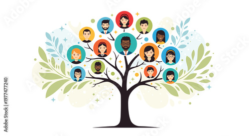 Beautifully illustrated family tree features diverse people avatars as leaves on a large green tree representing heritage and genealogy.