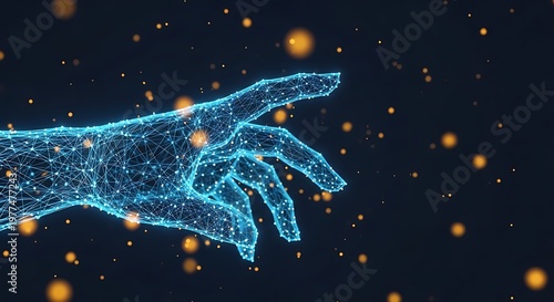 Glowing, digital hand reaching towards scattered particles against a dark blue background