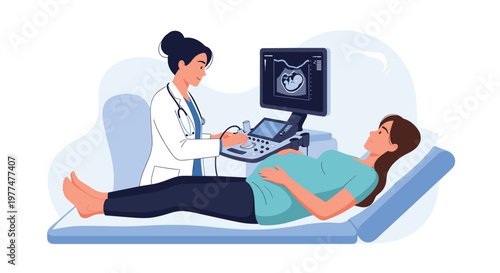 Medical professional performs an ultrasound scan for a pregnant woman lying on a clinic bed while the fetal image shows on a monitor.