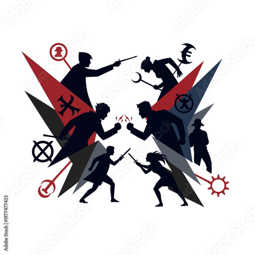 Magical Duel Illustration: Silhouettes Battling with Wands and Symbols