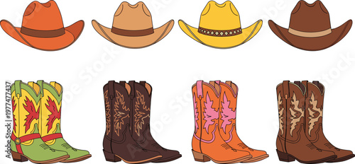 Cowboy Hats and Western Boots Cartoon Set Colorful Wild West Fashion Collection Country Style Vector Illustration Design