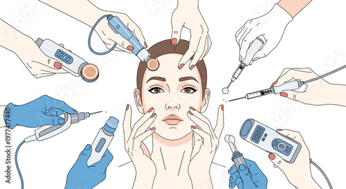Woman face is surrounded by multiple hands holding various cosmetic medical tools and syringes for diverse skin treatments and surgery.
