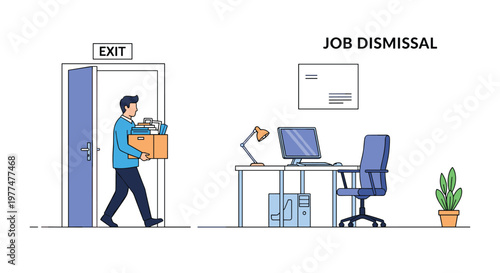 Disappointed man carries a box of personal belongings out of an exit door following a job dismissal in a modern office environment.