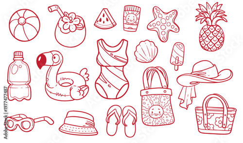 Summer vacation essentials - swimsuit, hat, sunscreen, sunglasses and more