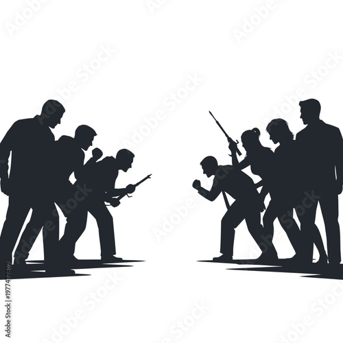 Silhouette conflict: Business people armed with weapons facing off against each other