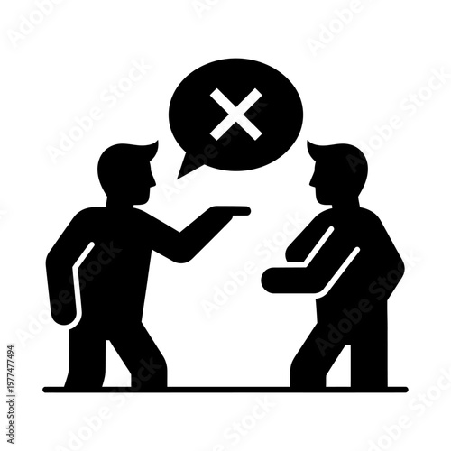 Silhouette figures disagreeing with a cross symbol in speech bubble