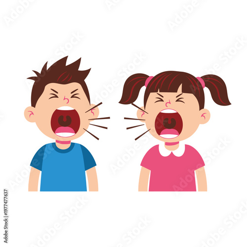 Two cartoon children yelling at each other, expressing anger and frustration with open mouths.