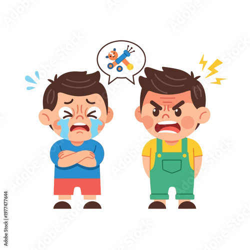 Two cartoon boys arguing over a toy, one crying, the other angry