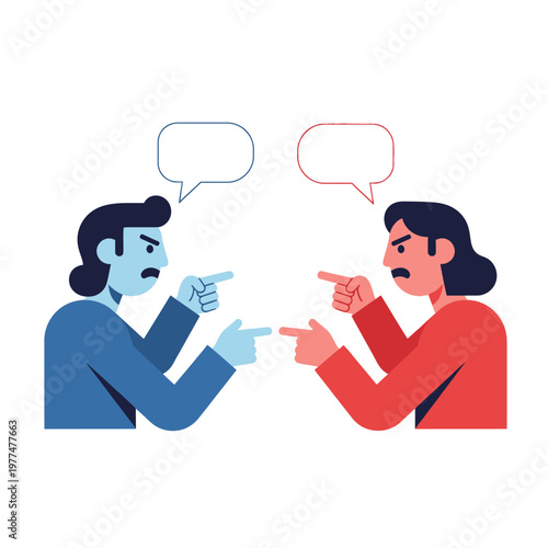 Two cartoon people arguing and pointing fingers with speech bubbles