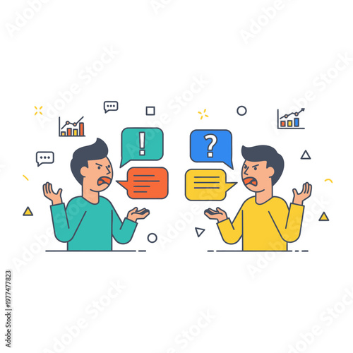 Two men arguing, disagreement, conflict, communication breakdown, debate, business concept