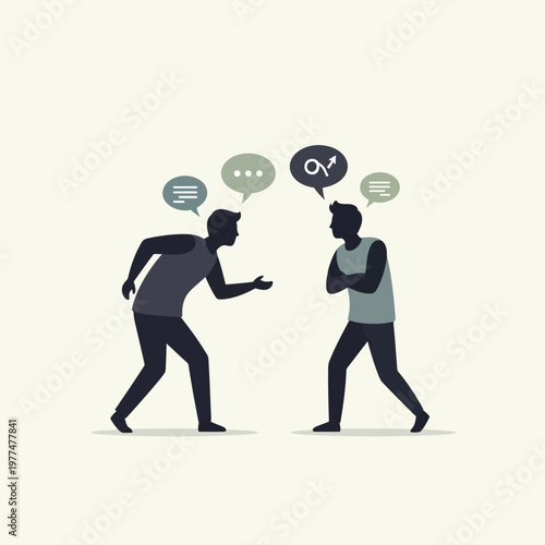 Two men arguing, gender symbols in speech bubbles, conflict resolution concept