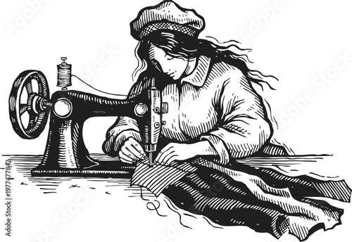 Woman sewing fabric on vintage sewing machine, tailoring and handmade clothing creation
