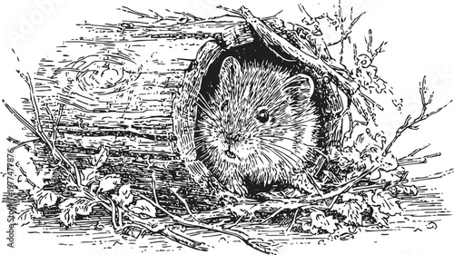 Small mouse peeking out of hollow log surrounded by twigs and leaves detailed black and white ink drawing
