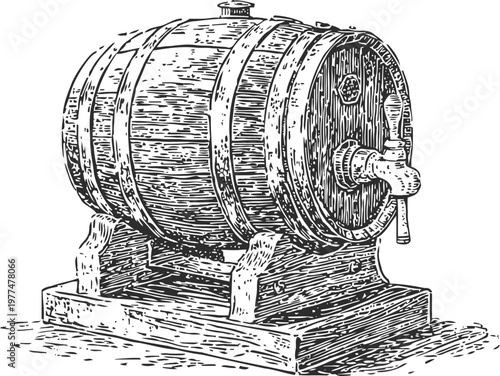 Vintage wooden barrel with tap on stand, hand drawn rustic alcohol container illustration
