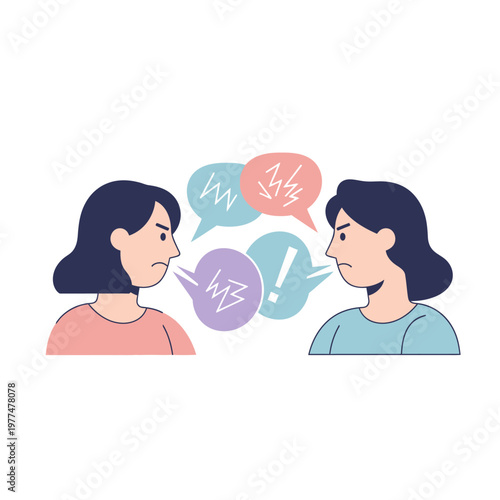 Two women arguing, communication conflict, disagreement, misunderstanding, negative emotions, speech bubbles