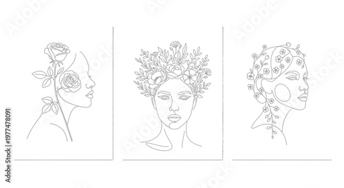 Portraits of women incorporate floral motifs in these linear sketches.