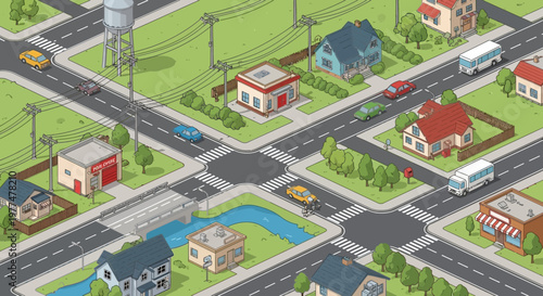Isometric suburban intersection with houses, cars, and a river.