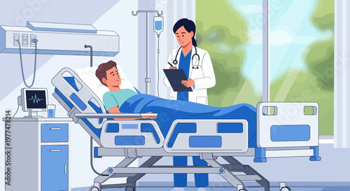 Doctor Checks On Patient In Modern Hospital Room, Medical Care Concept