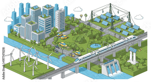 Eco-friendly Cityscape: Sustainable Energy and Green Transportation Illustration